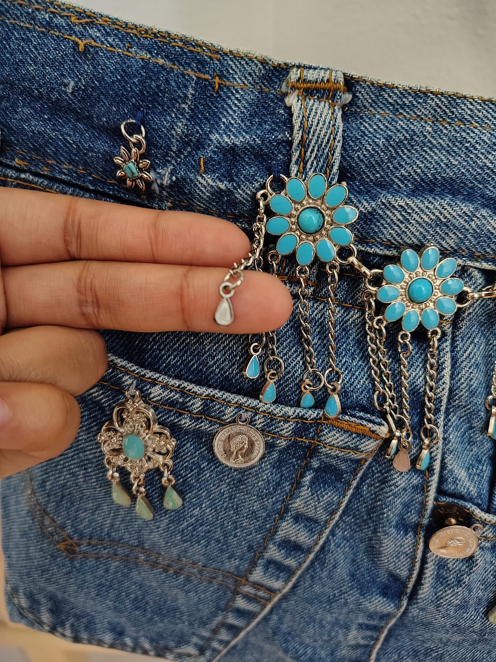 Handmade Y2k Boho Western Denim Crossbody Shoulder Bag with Bead Accents - Blue - Picture 7 of 14